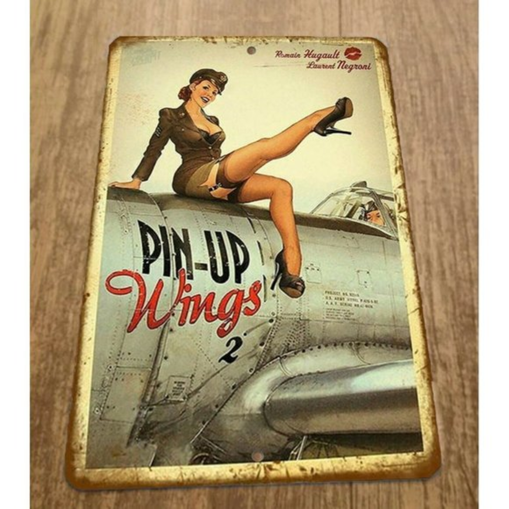 Romain Hugault Airplane Vintage Look Pin Up Wings Girl‎ 8x12 Metal Wall Sign
